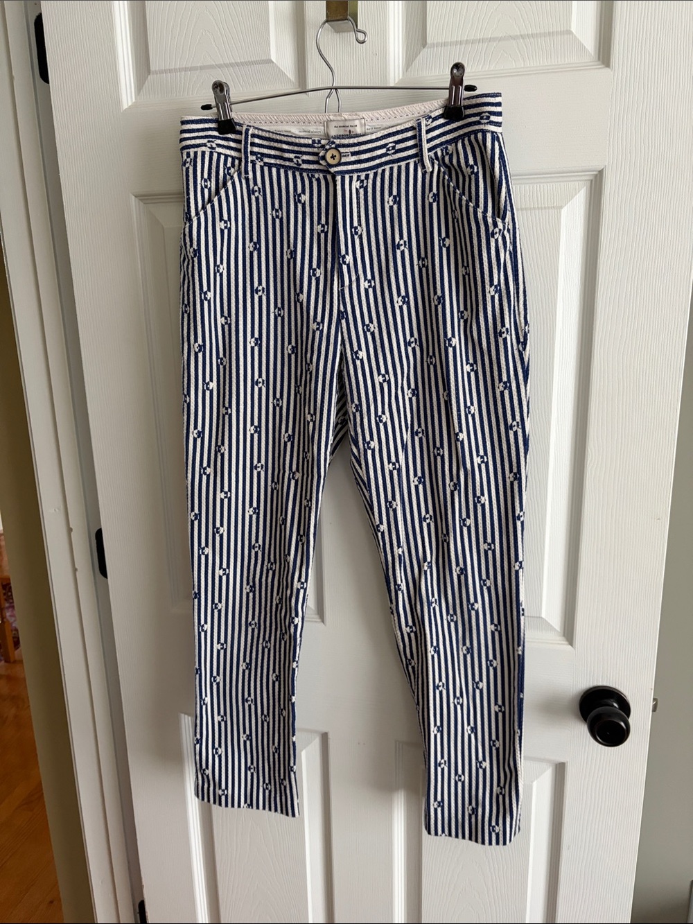 Anthropologie The Essential Slim Pant Navy and White Striped with flower detail